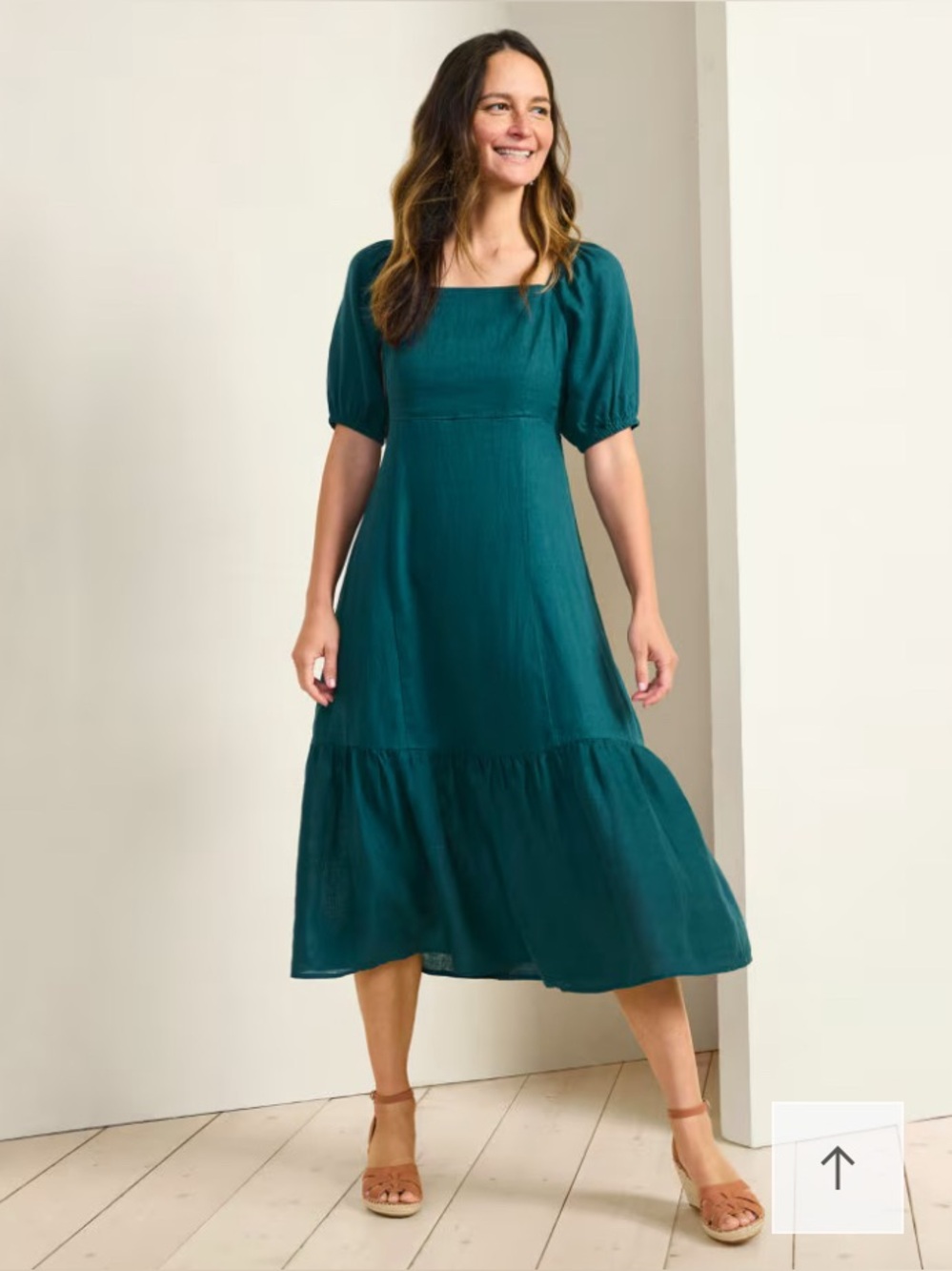 Garnet Hill Linen Puff Sleeve Midi Dress Women Linen Cottagecore Boho Emerald L